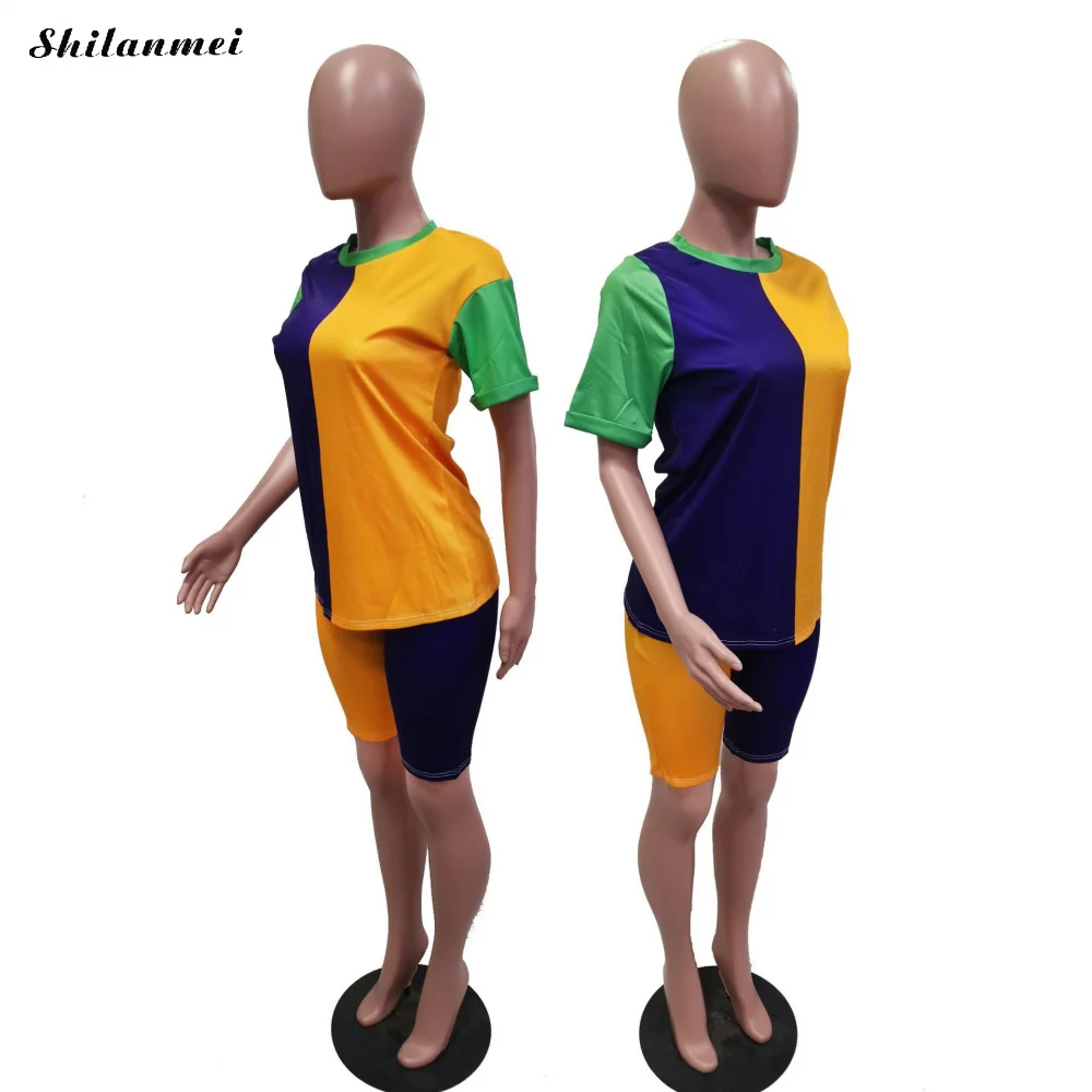 

Casual Two Piece Sets Outfit Color Patchwork Sexy Women Tracksuit Summer Short Sleeve Tshirt Tops And Bodycon Shorts Jogger Suit
