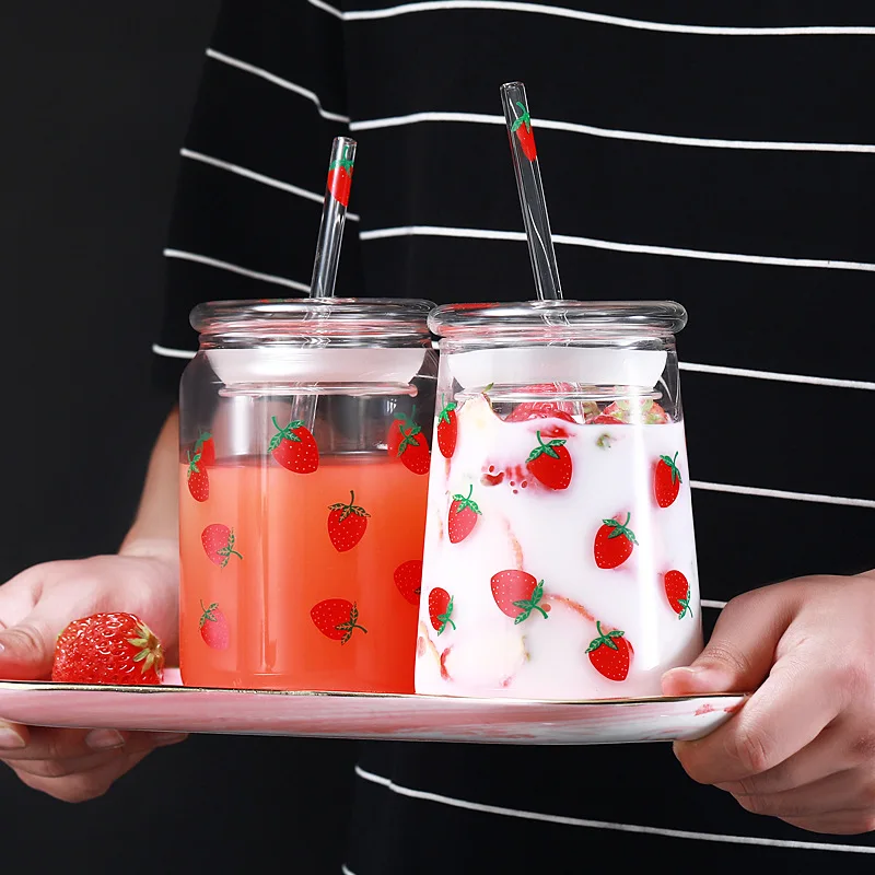 

600ML Strawberry Glass Cup Cute Strawberry Water Bottle with Straw Juice Milk Tea Wine Coffee Mug Creative Cup for Kids Adult