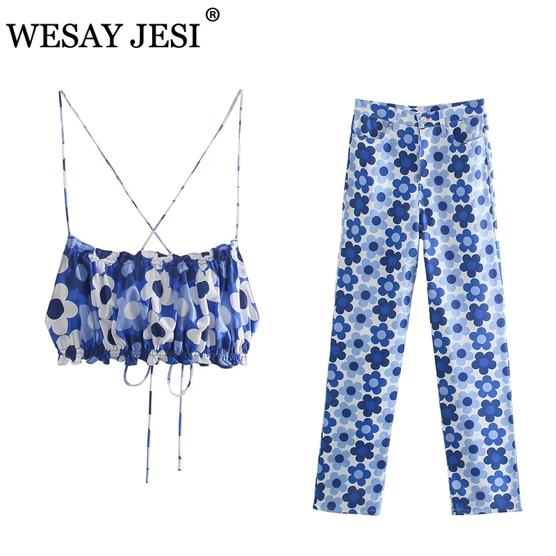 

WESAY JESI Women Clothing Trouser Suits TRAF ZA 2021 Blue Floral Top Vintage Casual Pants Female High Waist Trousers Streetwear