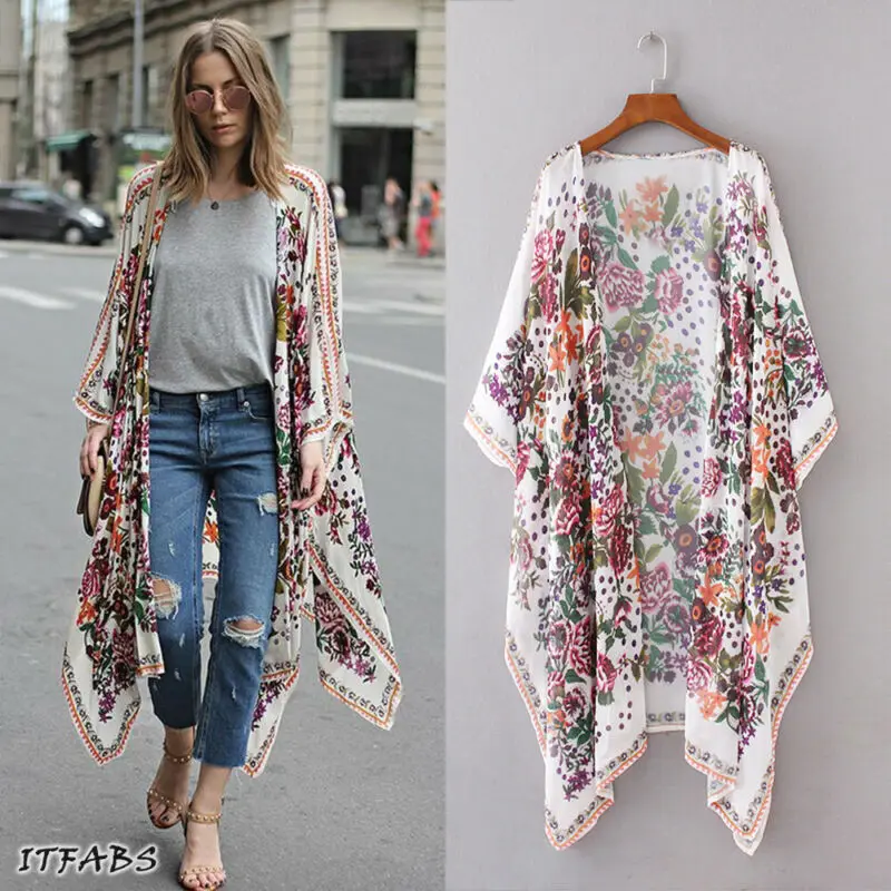 Женское винтажное свободное кимоно с цветочным принтом длинное пальто бохо