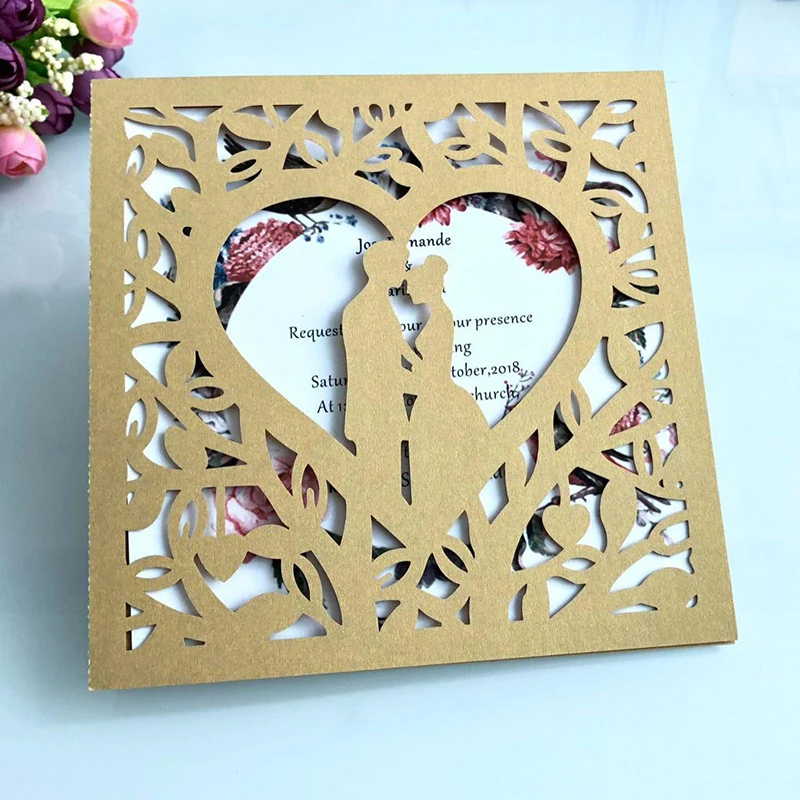 

100pcs Square Blue Burgundy Gold Heart Wedding Invitation Card Bride and Groom Personalized invitations Cards Party Supplies
