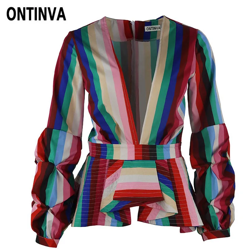 Женские топы в радужную полоску с баской блузы глубоким v образным вырезом и