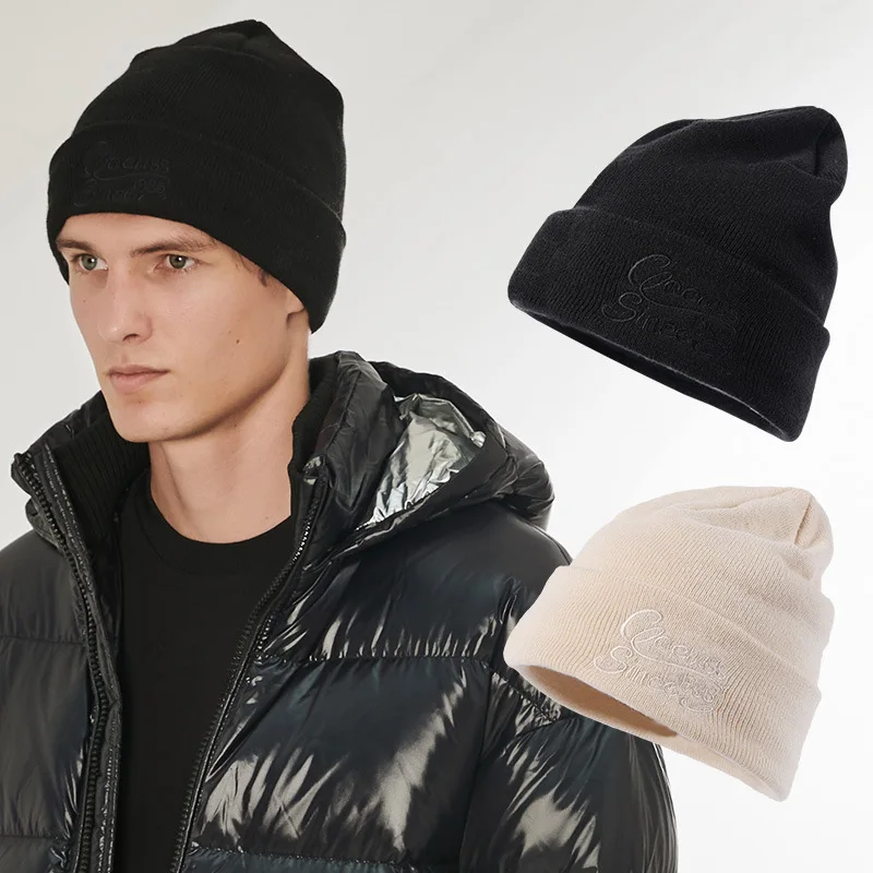 Зимняя шапка bean шерстяная с вышивкой теплая бархатная унисекс вязаная резьбой