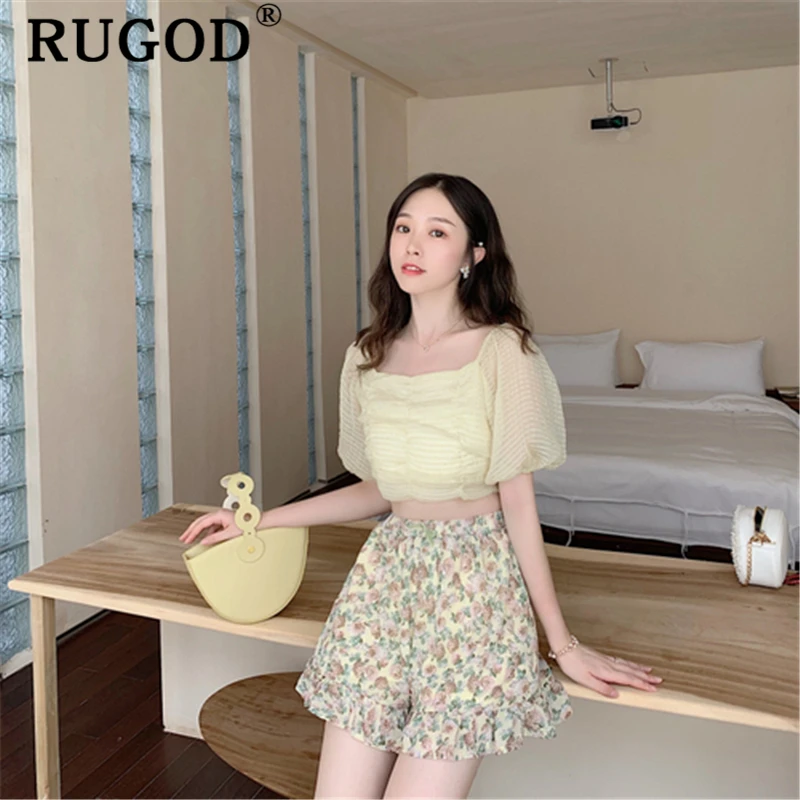RUGOD/винтажная однотонная женская блузка, Элегантная футболка с пышными рукавами, Стильные корейские летние топы, женская одежда