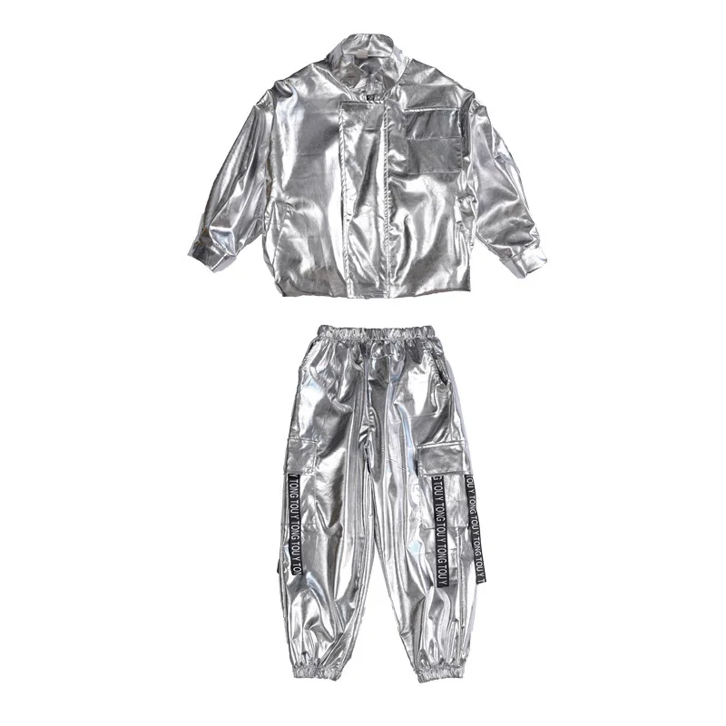 

Kid Cool Fashion Hip Hop Clothing Sliver Jacket Top Coat Loose Casual Pants for Girls Boy Jazz Dance Costume Clothes Street Wear