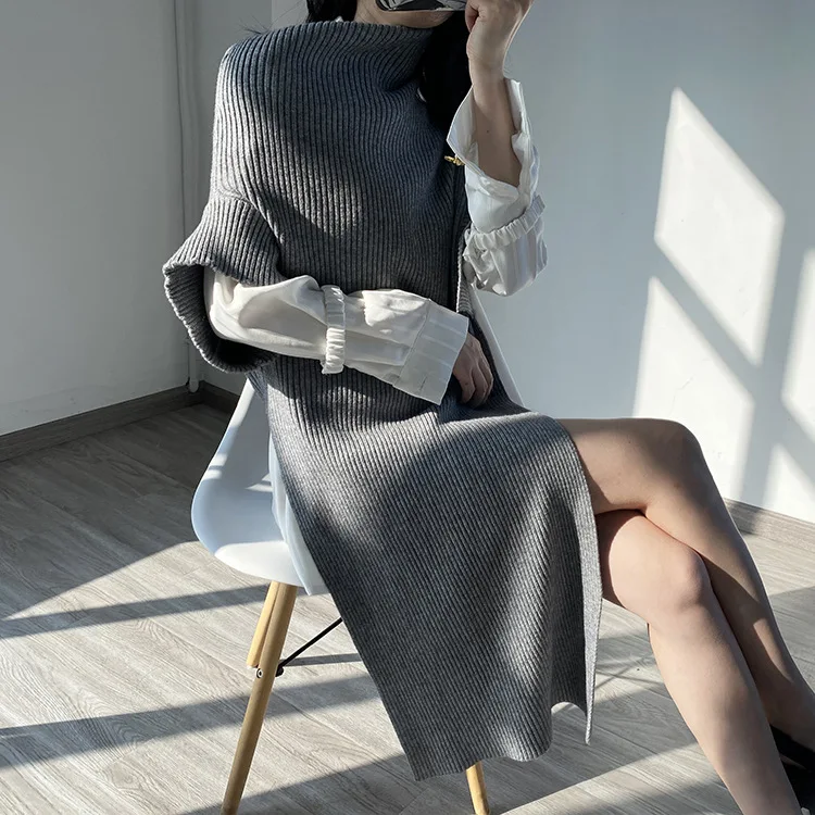 Women Sweater 2020 New Autumn and Winter Cloak Shawl with Bat Solid Color Black Turtleneck Irregular Jacket | Женская одежда