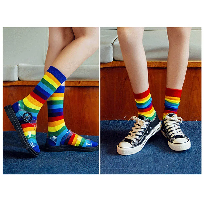 

Crew Socks Colorful Cotton 1Pair Sock for Women College Style Ladies Pile Socks Rainbow Breathable Mid Tube Socks