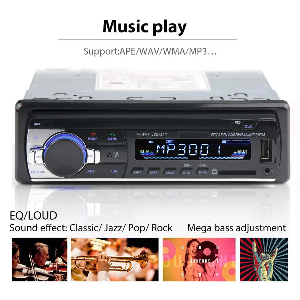 Автомобильное радио JSD520 12V Bluetooth стерео в тире Автомагнитола 1 Din FM Aux Вход Mp3/MP4 USB MMC