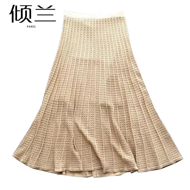 Patads French minority skirt spring / summer 2020 pleated elastic high waist hollow knitted skirt
