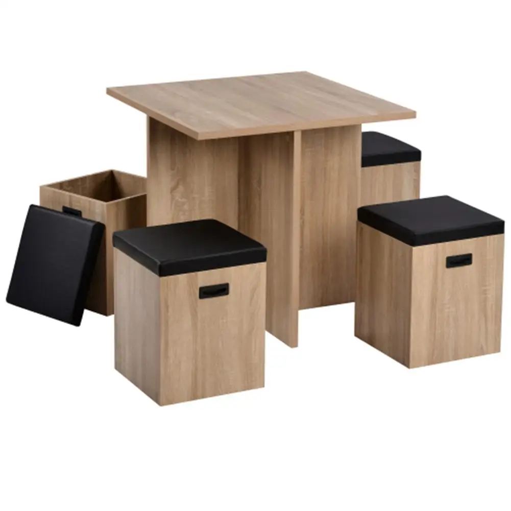 

5pcs/set Dining Chair Set 4 Footstool With Storage Artificial Wooden Table