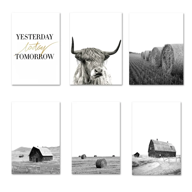 Скандинавская ферма корова дом пейзаж холст картина мотивационный плакат черная