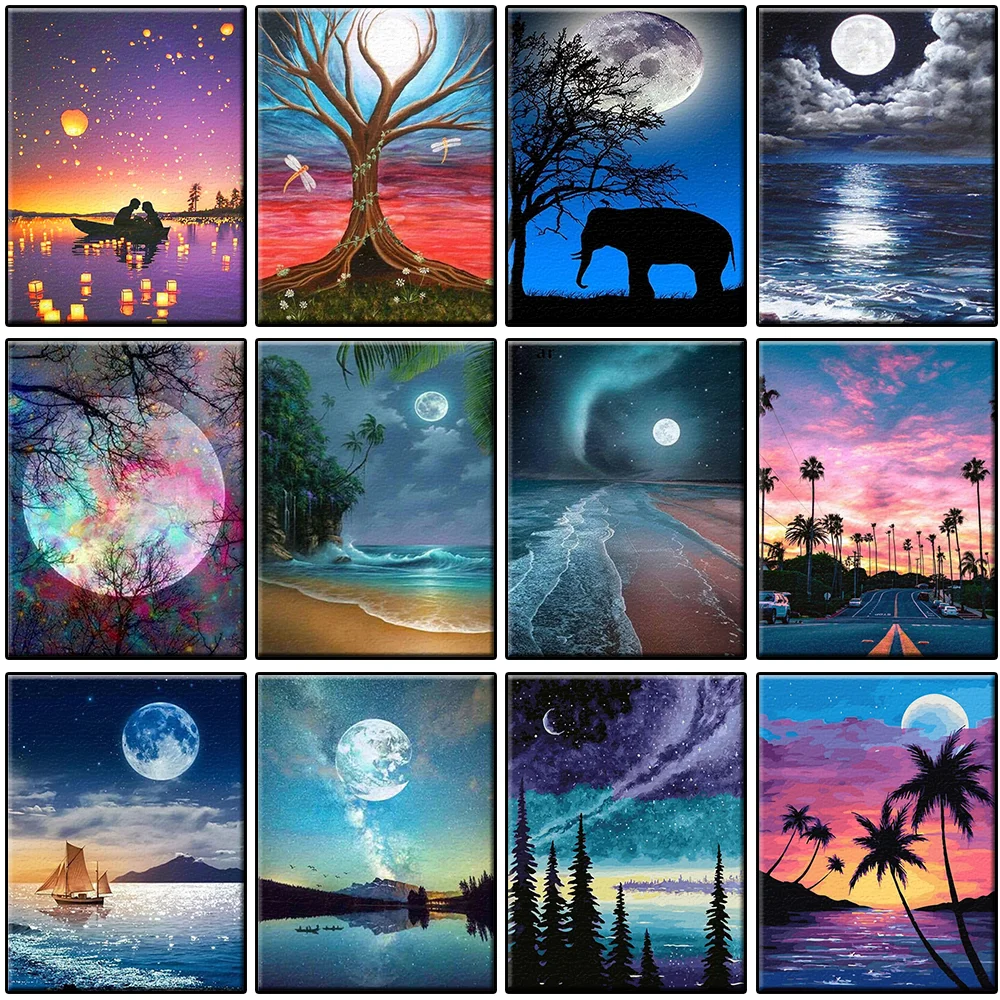 

Moon Sunset Oil Painting Canvas Handmade Romantic Scenery Living Room Decoration Acrylic Paints Coloring By Numbers Unique Gift