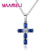 christian jesus 925 sterling silver cross necklace shining aaa blue cubic zircon choker pendants for women men jewelry