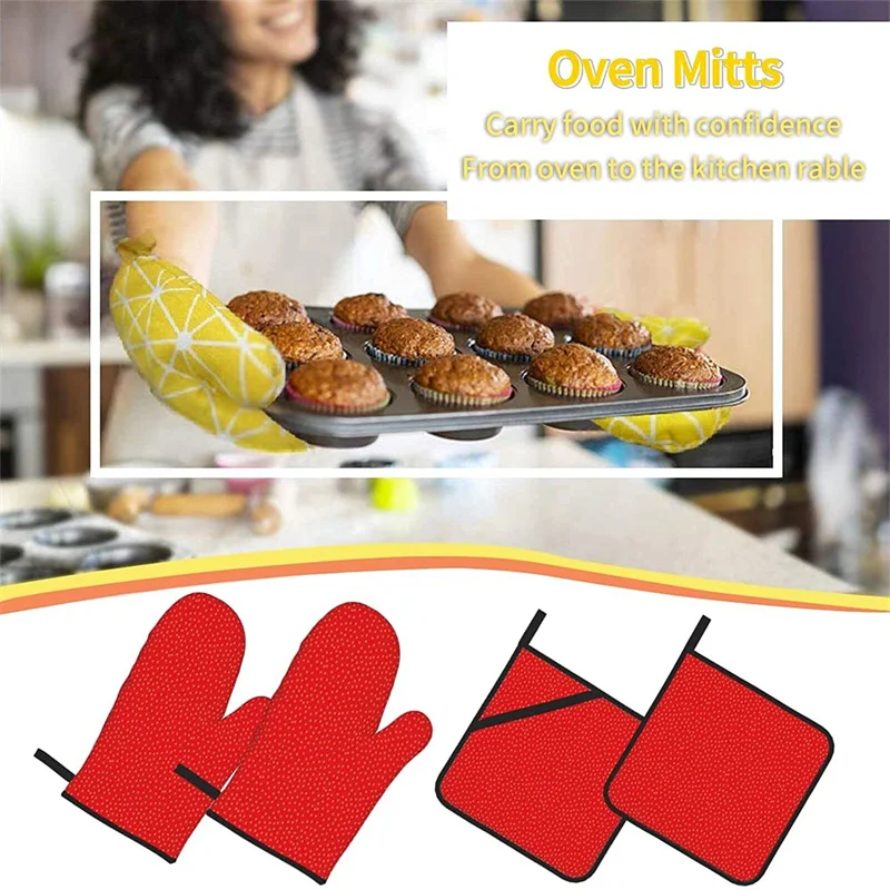 

Oven glove and pot holder set heat-resistant 4-piece set, kitchen utensils non-slip insulating gloves for baking and cooking