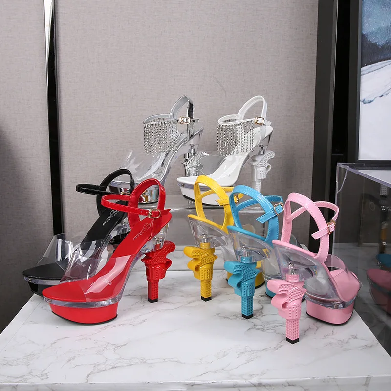 

HOKSZVY 10314 Series 14cm Heel 4cm Platform Transparent Crystal Wedges Summer Non-slip Sandals Slippers Sexy Party Shoes LFD