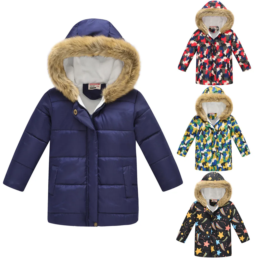 Детская зимняя куртка для мальчиков со звездами Толстая теплая парка с капюшоном