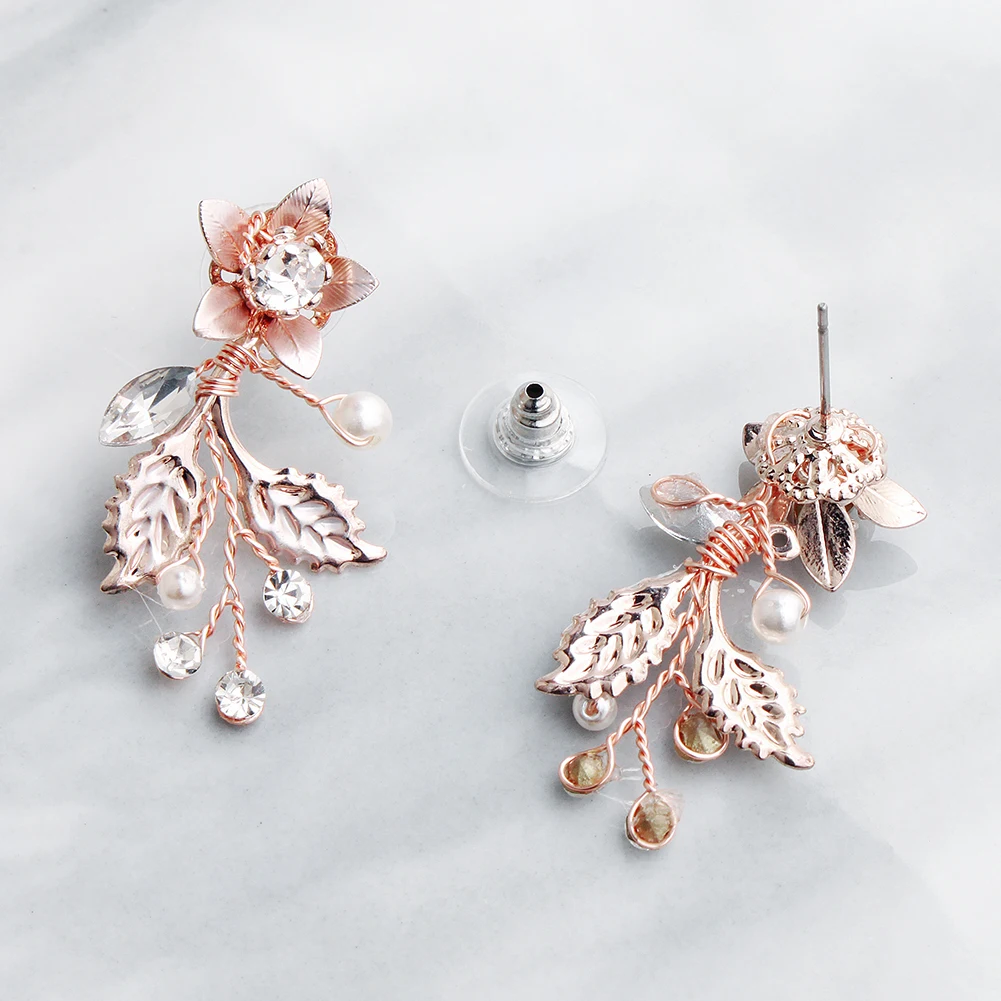 Модные серьги капли из розового золота со стразами с цветочным узором и листьями