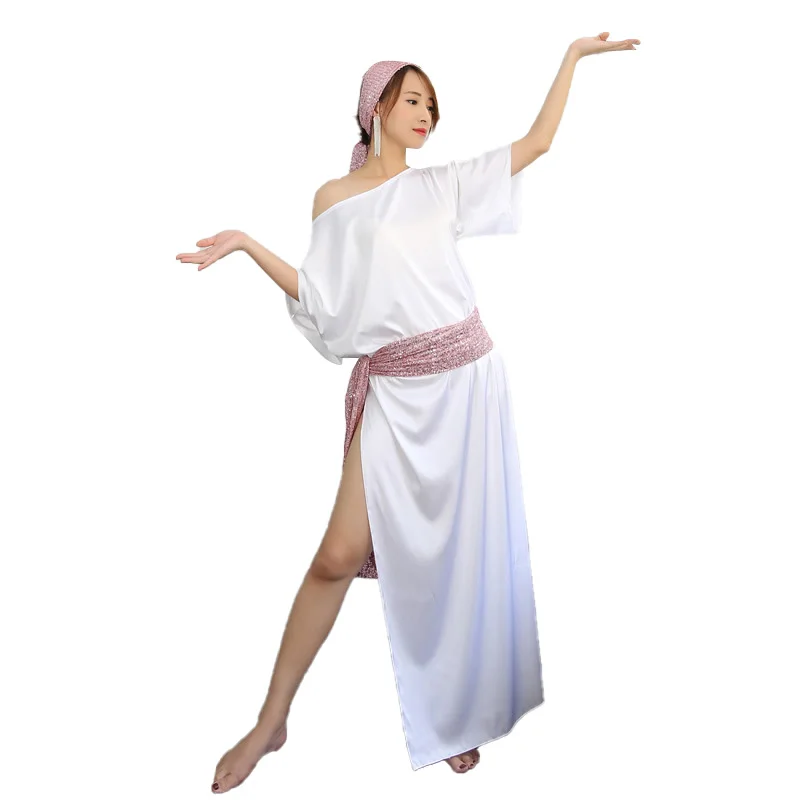 

New Women Dancewear Belly Dance Clothes Baladi Saidi One-piece Satin Dresses Girls Costume Bellydance Dress with Headpiece