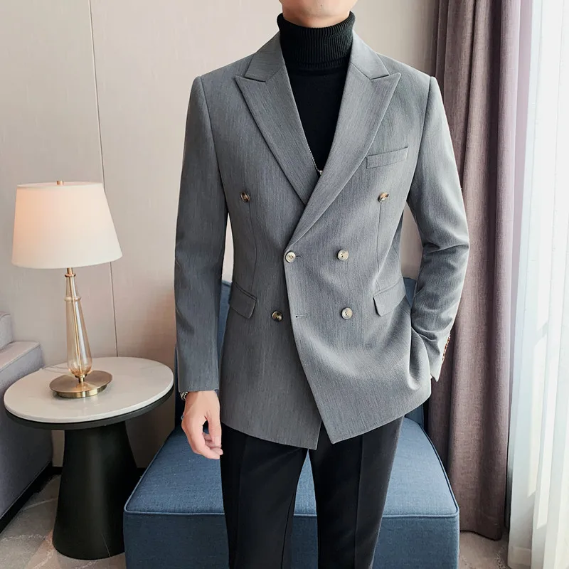 

British Style Blazers for Men Double Breasted Wedding Business Casual Slim Suit Jackets Social Banquet Tuxedo Coat Costume Homme