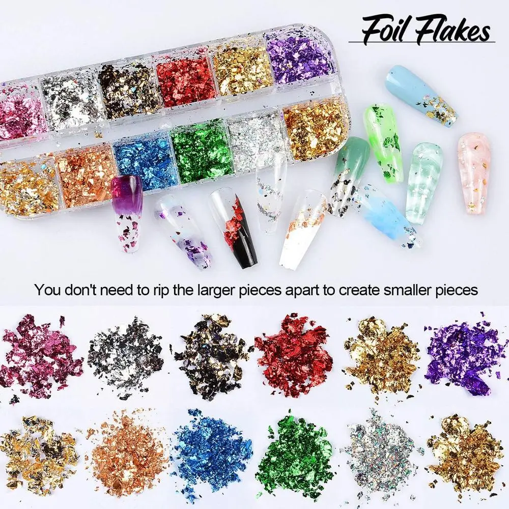 

Foil Nail Chip Glitter, 12 Colors Nail Foil Paillette,Nail Foil Flakes for Nail Art Decoration. Holographic Nail Foil Sequins