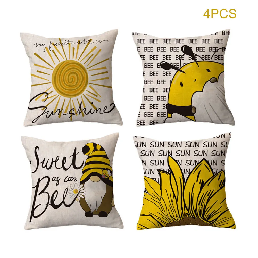 

4 PCS Summer Decoration Cushion Cover Cartoon Bee Sunflower Cushion Cover Soft Pillow Case Linen Decoration Pillow Home Decor