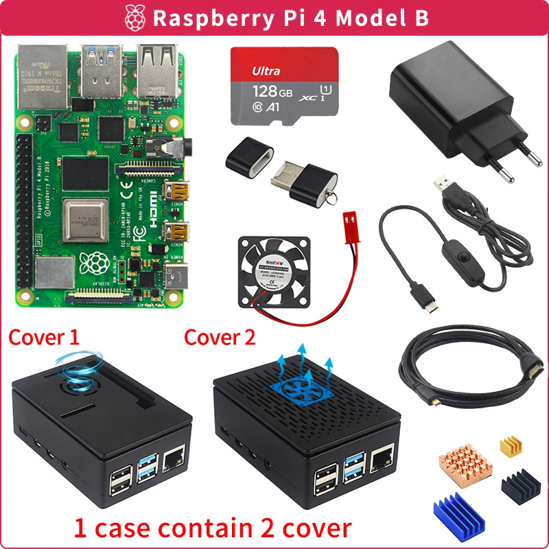 2022.Raspberry Pi 4 8GB 4GB 2GB Kit + Power Adapter + ABS Case + 32G 64G 128G Card + Reader + Heat Sink for Raspberry Pi 4