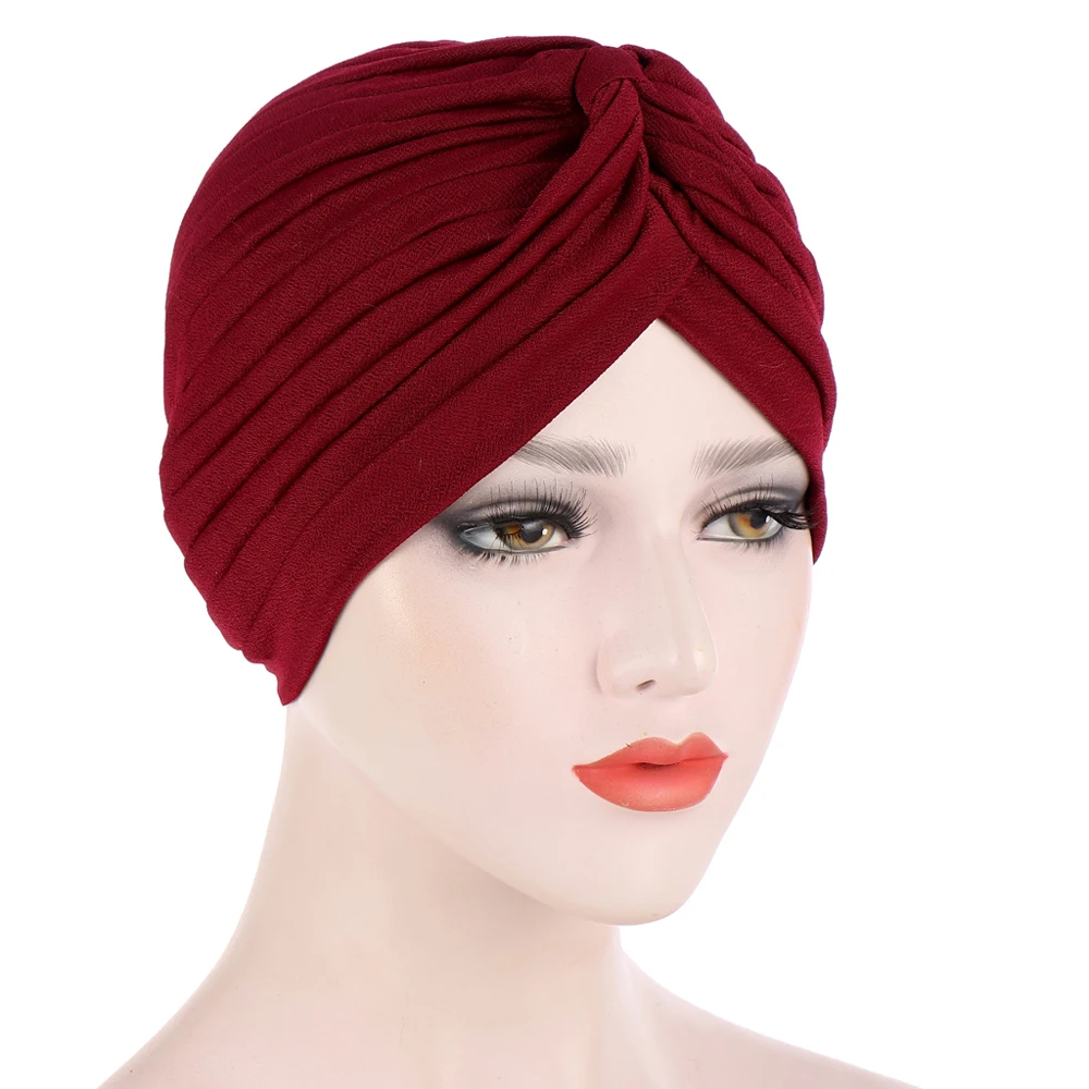 

India Turban Muslim Hijab Women Bonnet Hat Pleated Knot Beanies Headscarf Wrap Chemo Cap Headwear Hair Loss Inner Turbante Mujer