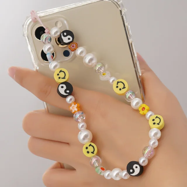 

Innovative Black And White Tai Chi Imitation Pearl Mobile Phone Lanyard Women's Yellow Smiley Face Anti-Lost Chain Jewelry Gift