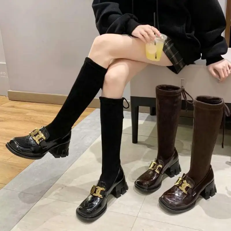 

Женские высокие сапоги до колена, черные сапоги на среднем блочном каблуке и платформе, с квадратным носком, для осени и зимы