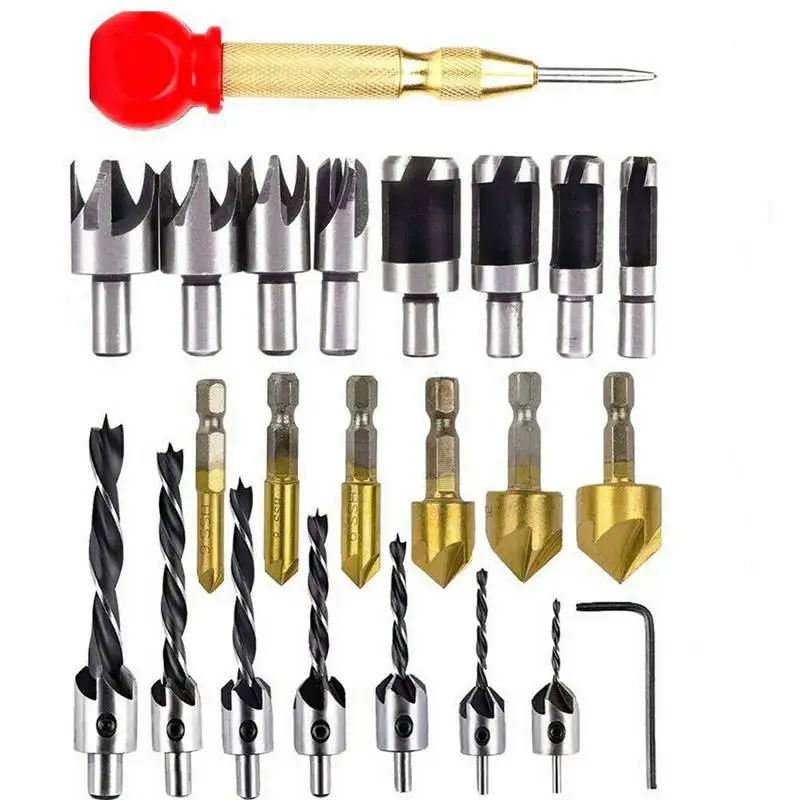 

8Pcs Wood Plug Cutter,6Pcs 1/4 Inch Hex 5 Flute 90 Degree Countersink Drill Bits,7Pcs Three Pointed Countersink Drill Bit With L