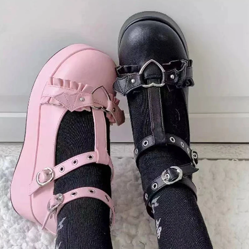 

Rimocy Sweet Heart Buckle Wedges Mary Janes Women Pink T-Strap Chunky Platform Lolita Shoes Woman Punk Gothic Cosplay Shoes 43