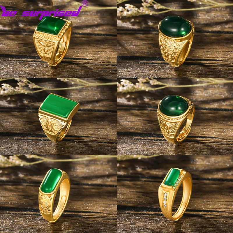 

Titanium-plated steel 24K gold open ring trend men inlaid artificial gemstone emerald domineering ring is not allergic