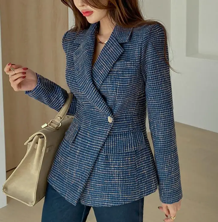 

Small fragracne ol tweed plaid blazer women one button slim waist small suit plus size