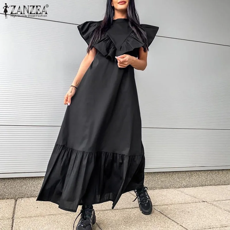 

Women Fashion Ruffle Maxi Sundress ZANZEA Party Solid Dress 2022 Summer Holiday Loose Vestido Lady Casual Patchwork Long Dresses