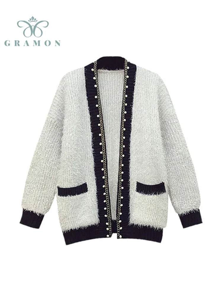 

Knitted Sweaters Coats Ladies Cardigan Plus Size Women Fall Winter Clothes Loose Pearl Design Long Sweater Cardigan Top 2021 New