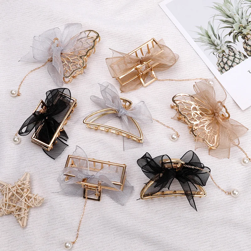 

Bow Ribbon Pearl Pendant Tassel Hair Claws Hair Accessories Metal Grab Clip Hair Clip Shark Clip on the Back of the Head