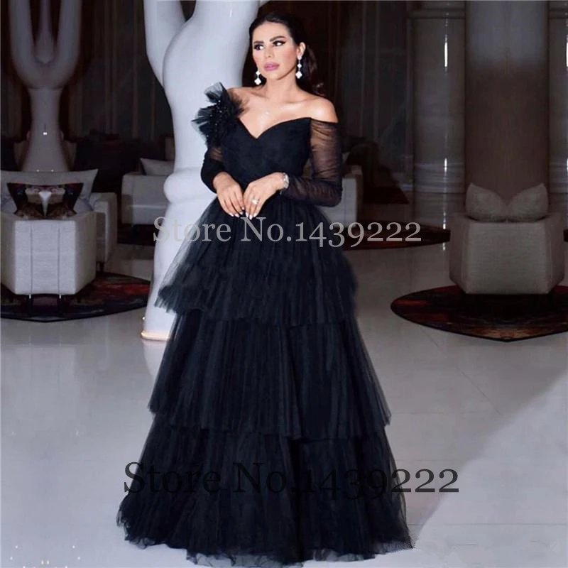 

Black Long Tulle Evening Dress Deep V Neck Pleat Celebrity Formal Dresses Robe De Soiree Evening Party Gown Pleat