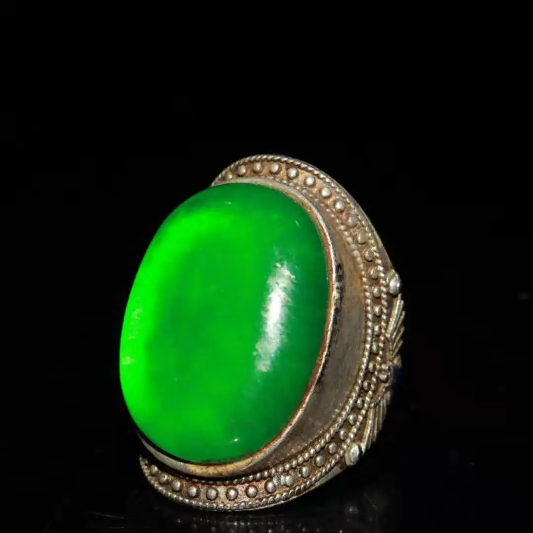 

Collection Chinese old Tibetan silver cloisonne inlaid green stone jade ring ornament
