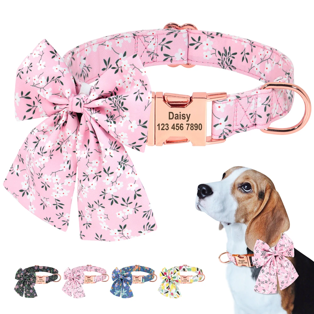 

Personalized Print Dog Collar With Bow Custom Nylon Floral Pet Collars Free Engraved Name For Chihuahua Small Medium Large Dogs