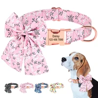 personalized print dog collar with bow custom nylon floral pet collars free engraved name for chihuahua small medium large dogs