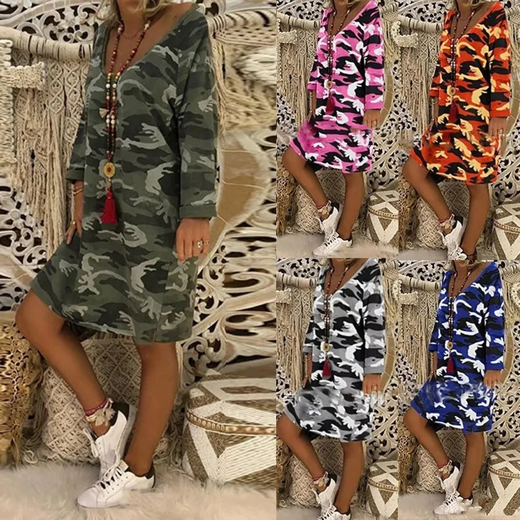 Женское камуфляжное платье с v-образным вырезом длинным рукавом и капюшоном |