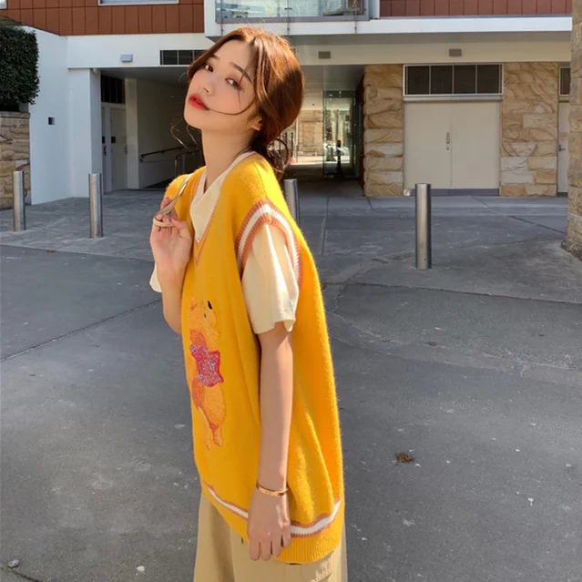 Женский пуловер без рукавов Осень 2019 корейский стиль каваи мультфильм Винни Пух