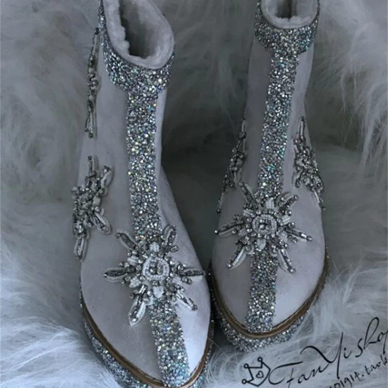

New handmade fashion pointed inner heightening plus velvet warmth beaded snowflake rhinestone women snow boots