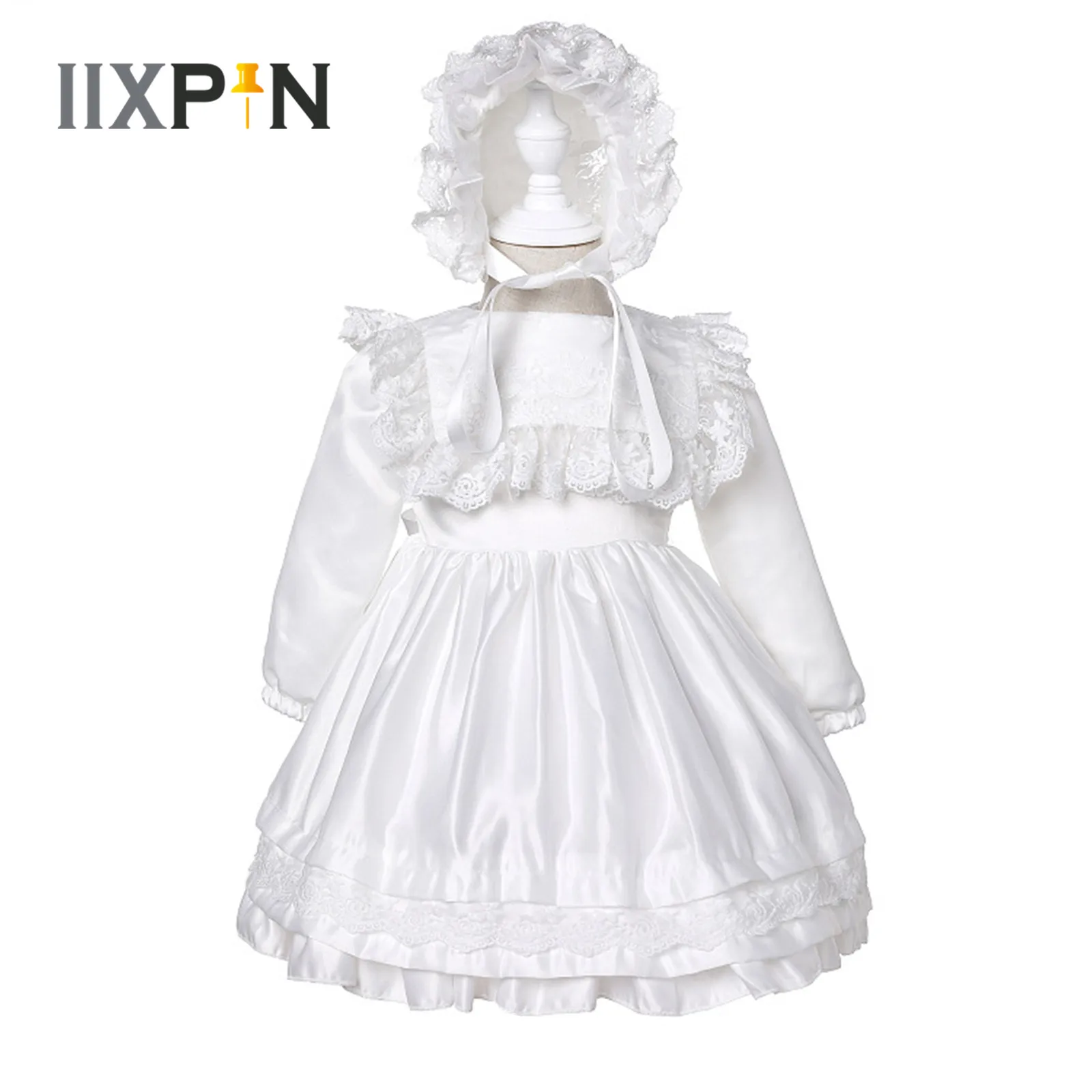 

Baby Dresses Vintage Long Sleeves Lace Dress + Bonnet Infants Girls Baptism Christening Gown First Communion Dress for Baby Girl