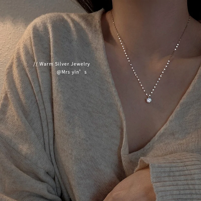 

Sterling Silver Solitaire Necklace Women's Clavicle Chain Exquisite New