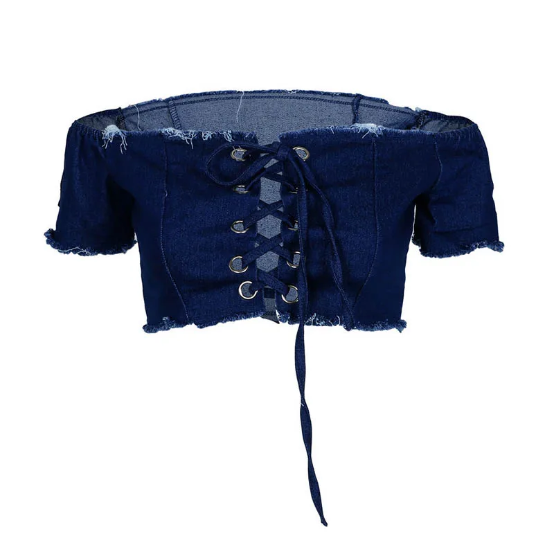 Женский джинсовый топ с коротким рукавом и открытыми плечами|Футболки| |