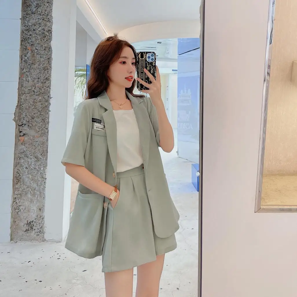 

Women's Office Shorts Suits 2021 Summer Fashion Lady Green Blazer Suits Loose Casual Short Sleeve Two-Piece Sets Female