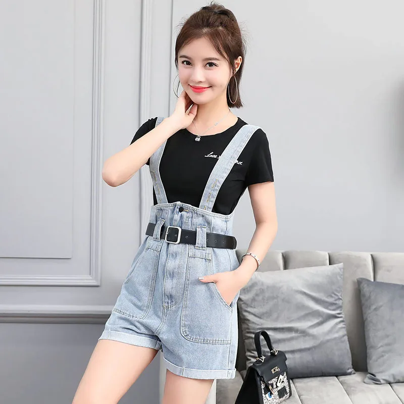 Комбинезон женский джинсовый с высокой талией короткий свободный Ромпер из