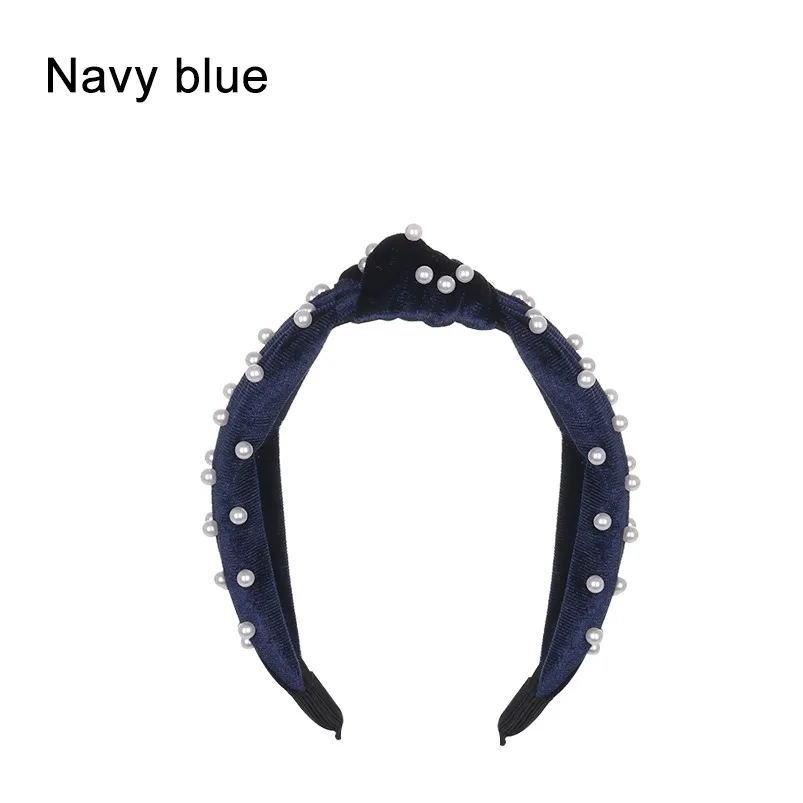 navy blue 1 В богемном стиле однотонные Цвет мягкий бархат центр узел широкая лента для волос с жемчугом завязанная повязка на волосы Индивидуальные Женские аксессуары для волос - Цвет: navy blue 1