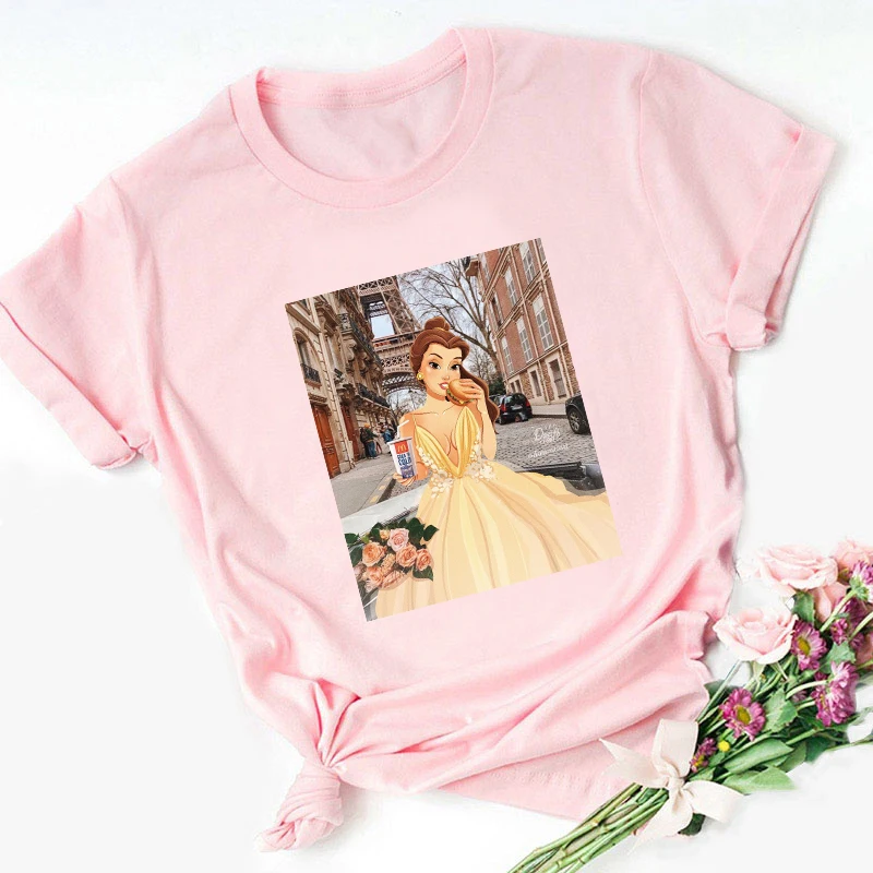 

Modern Fashion Disney Princess Woman Pink T-shirt Harajuku Grunge Streetwear Cartoon Short Sleeved Anime Casual Top Female